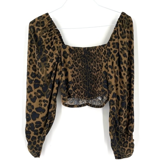 Mango Mng Leopard Animal Print Ruched Sleeve Smocked Back Top - Picture 7 of 9